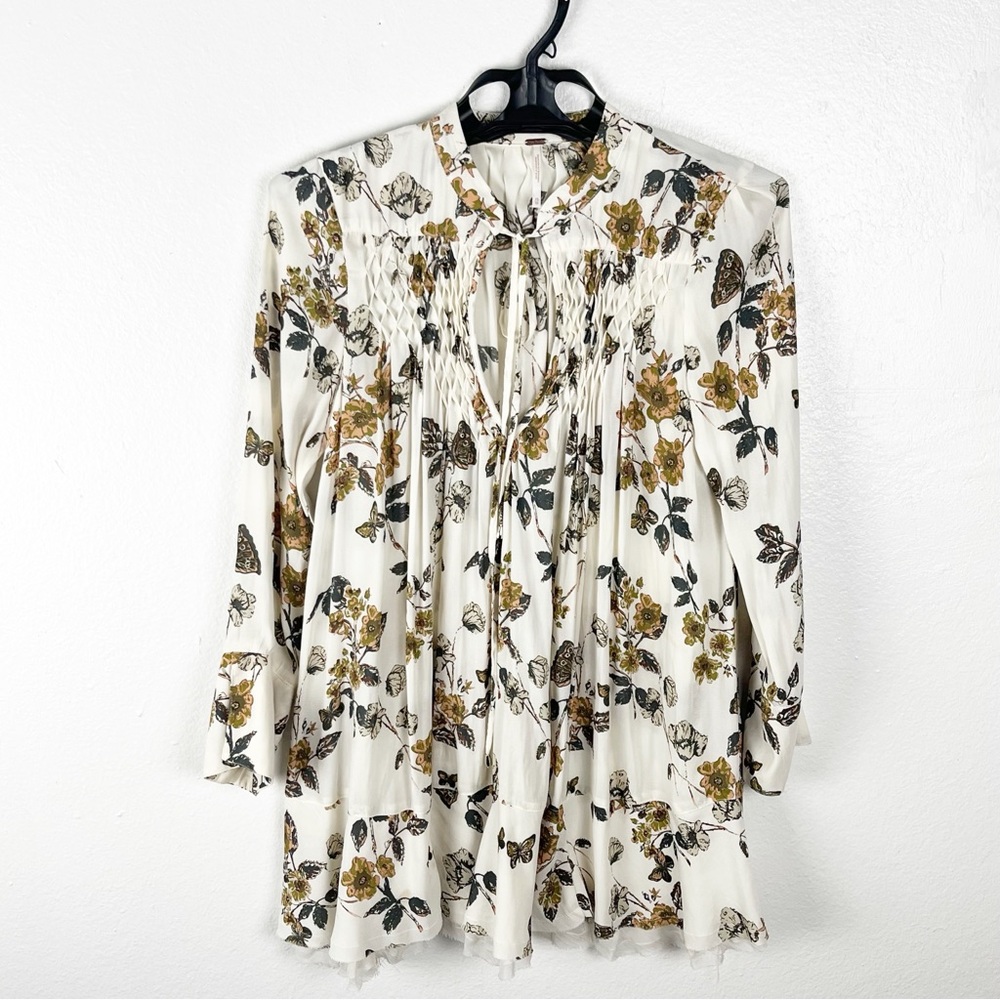 FREE PEOPLE Pebble Crepe So Fine Long Sleeves Smocked Floral Top XS Boho Cottage